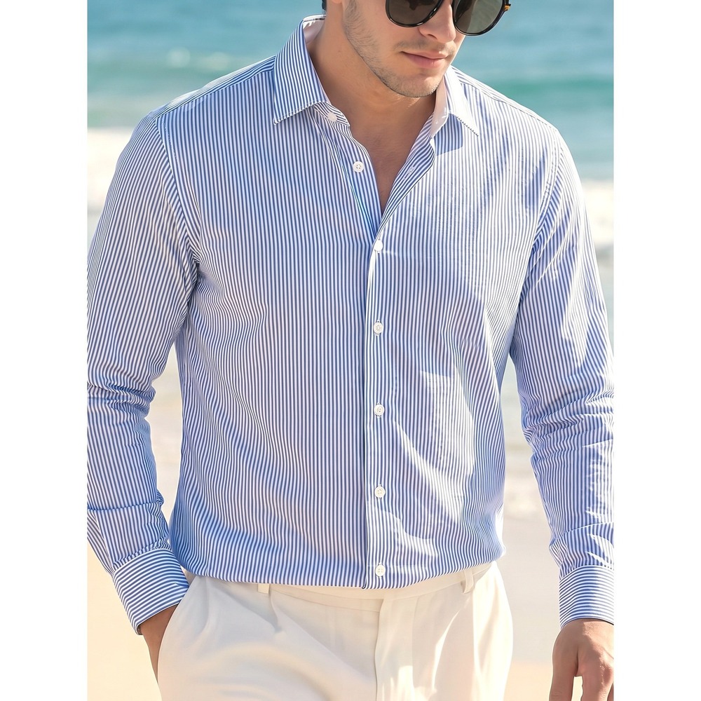 COLLARS & CO. Dress Collar Polo Shirt Mens M Blue Stripe Long Sleeve Flex NWT